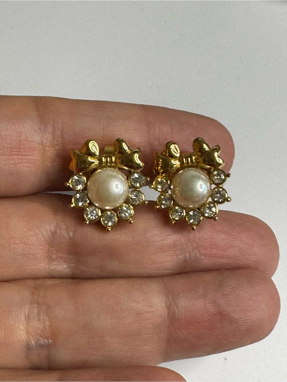 Nina Ricci Gold Pearl & Crystal Bow Stud Earrings - Elegant Women Jewelry